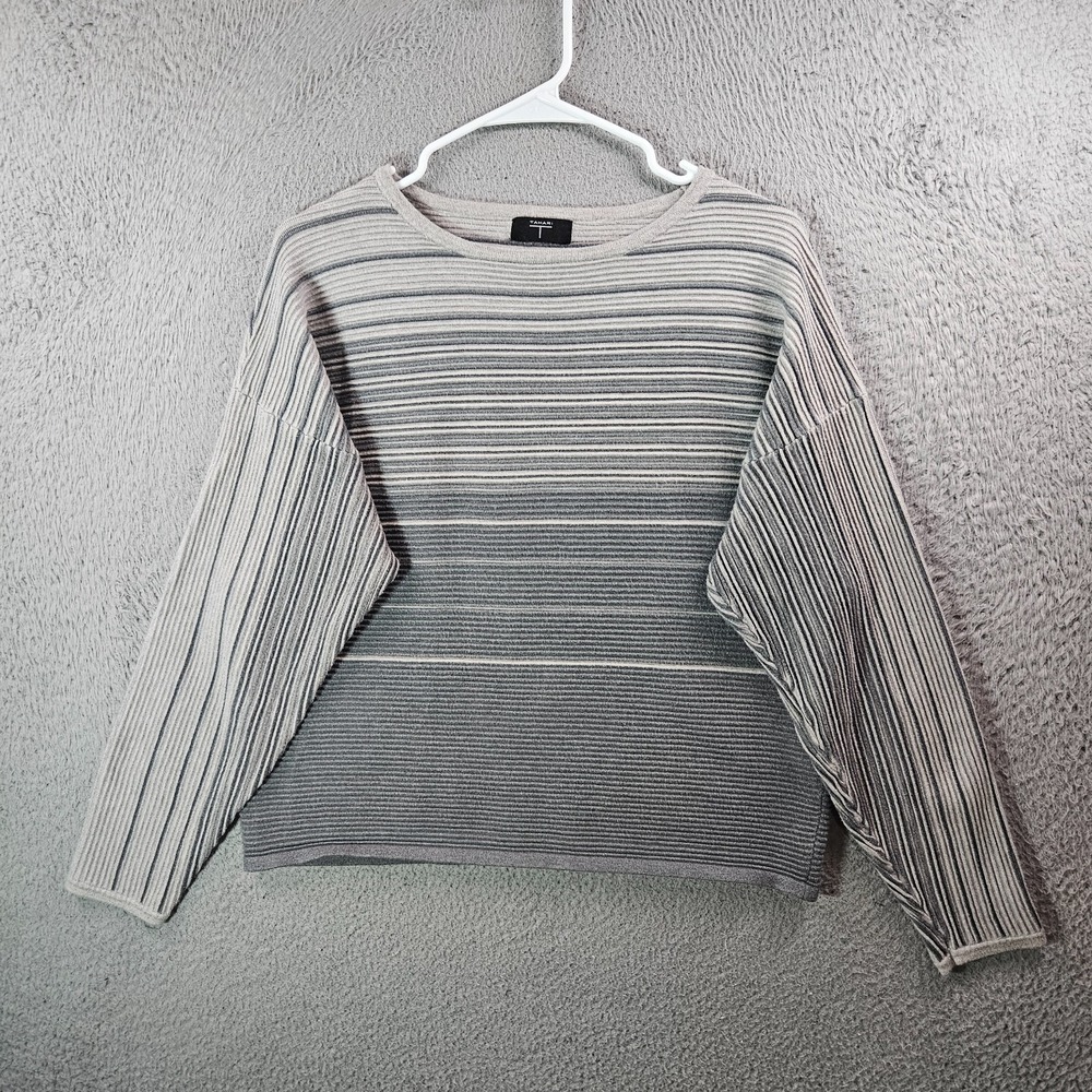 Tahari Top Women Medium Stretch Long Sleeve Pullover Gray Striped